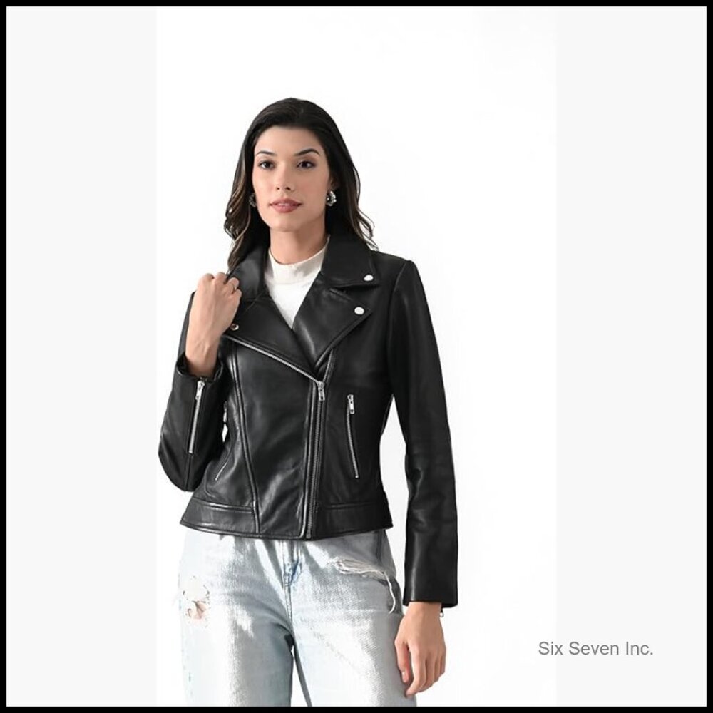 Genuine Leather Biker Jacket Moto Crop Fit with Zip Details